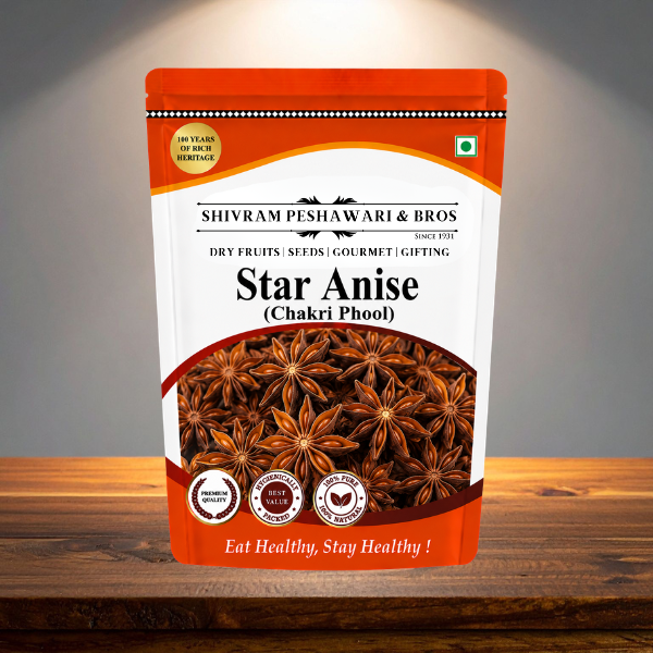 Shivram Peshawari & Bros Star Anise Chakri Phool standing pouch displayed on a wooden surface with soft spotlight