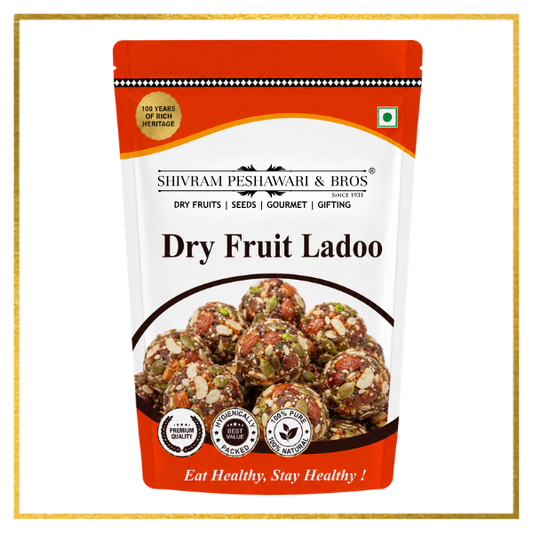 Shivram Peshawari & Bros Dry Fruit Ladoo pouch with nut-studded ladoo balls visible on white background