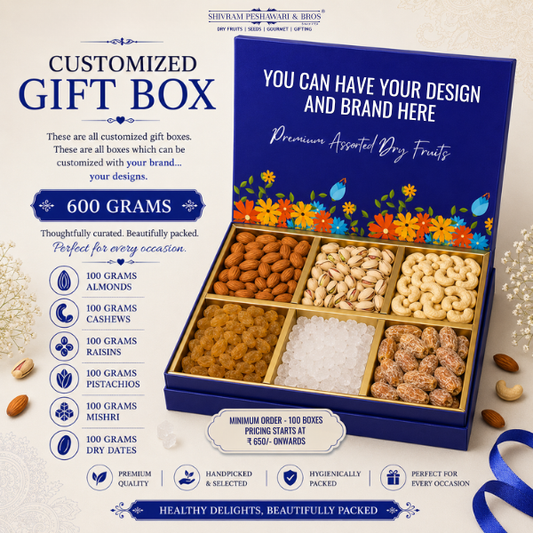 600g customizable blue gift box with 6 compartments of almonds, cashews, raisins, pistachios, mishri & dry dates