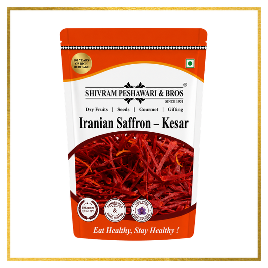 Shivram Peshawari & Bros Iranian Saffron Kesar resealable pouch with premium quality badges on white background
