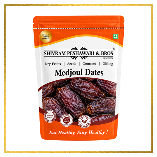 Shivram Peshawari & Bros Medjoul Dates orange resealable pouch with glossy dates visible through front panel