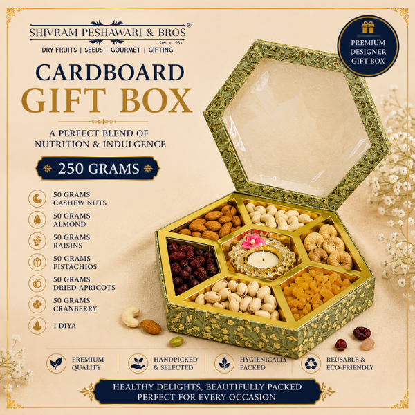 300 Grams Cardboard Box with Diya - (50 Grams each of Almonds, Cashews, Raisins, Pistas, Apricots & Cranberry with Diya)