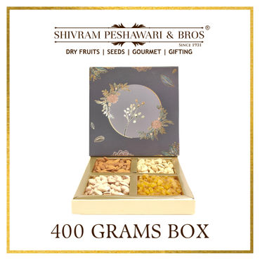 400 Grams Cardboard Box - (100 Grams each of Almonds, Cashews, Raisins & Pistas) - Square Box
