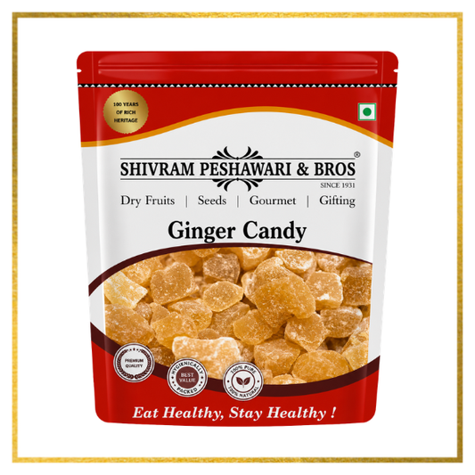 Shivram Peshawari & Bros ginger candy in red resealable pouch with sugar-coated ginger pieces visible