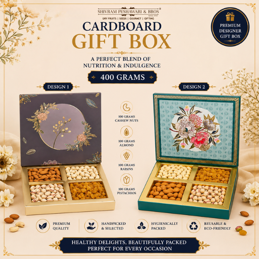 Two designer dry fruit gift boxes (Design 1 dark floral & Design 2 teal floral) filled with almonds, cashews, raisins & pista