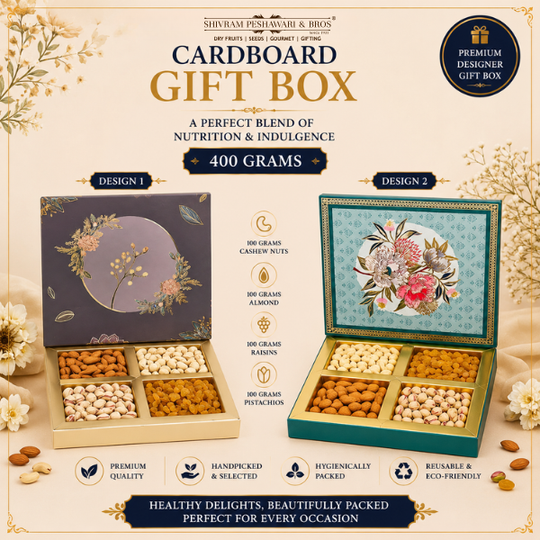 400 Grams Cardboard Box - (100 Grams each of Almonds, Cashews, Raisins & Pistas) - Square Box