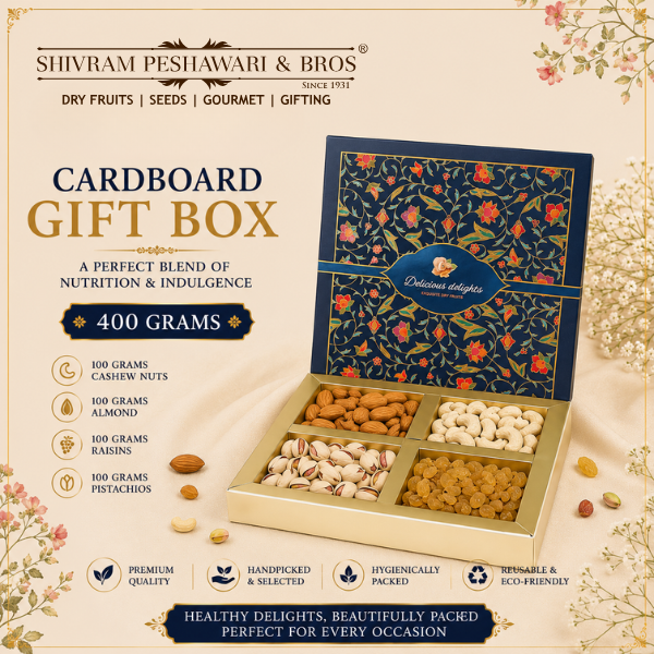 400 Grams Cardboard Box - (100 Grams each of Almonds, Cashews, Raisins & Pistas) Blue Box