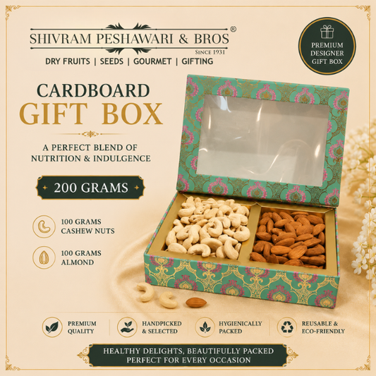 Open 200g designer gift box with cashews and almonds in separate compartments, teal floral print cardboard