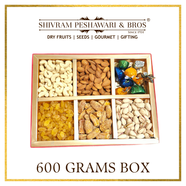 600 Grams Cardboard Box - (100 Grams each of Almonds, Cashews, Raisins, Pistas, Dates & Chocolates)
