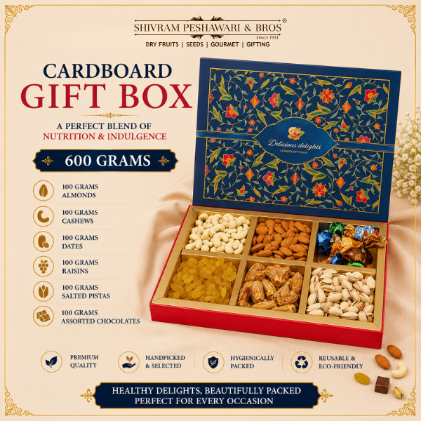 600 Grams Cardboard Box - (100 Grams each of Almonds, Cashews, Raisins, Pistas, Dates & Chocolates)