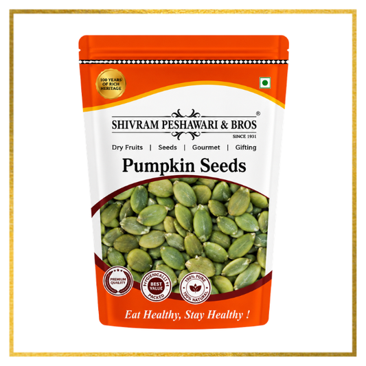 Shivram Peshawari & Bros pumpkin seeds in orange-white resealable pouch with premium quality badges