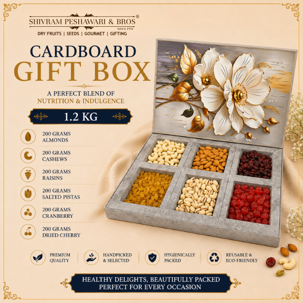 1.2 Kg Cardboard Box - (200 Grams each of Almonds, Cashews, Raisins, Pistas, Dried Cherry & Cranberry)