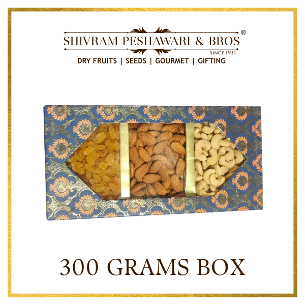 300 Grams Cardboard Box - (100 Grams each of Almonds, Cashews & Raisins)