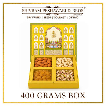 400 Grams Cardboard Box - (100 Grams each of Almonds, Cashews, Raisins & Pistas) Blue Box
