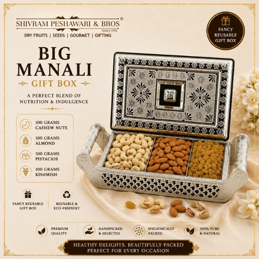 Big Manali Gift Box open showing cashews, almonds, raisins & pistachios in silver decorative tray