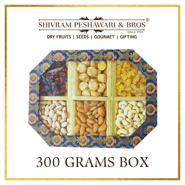 300 Grams Cardboard Box - (50 Grams each of Almonds, Cashews, Raisins, Pistas, Apricots & Cranberry)