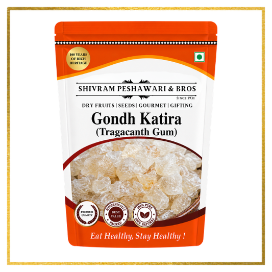 Shivram Peshawari & Bros Gondh Katira Tragacanth Gum resealable orange pouch with crystal gum pieces visible