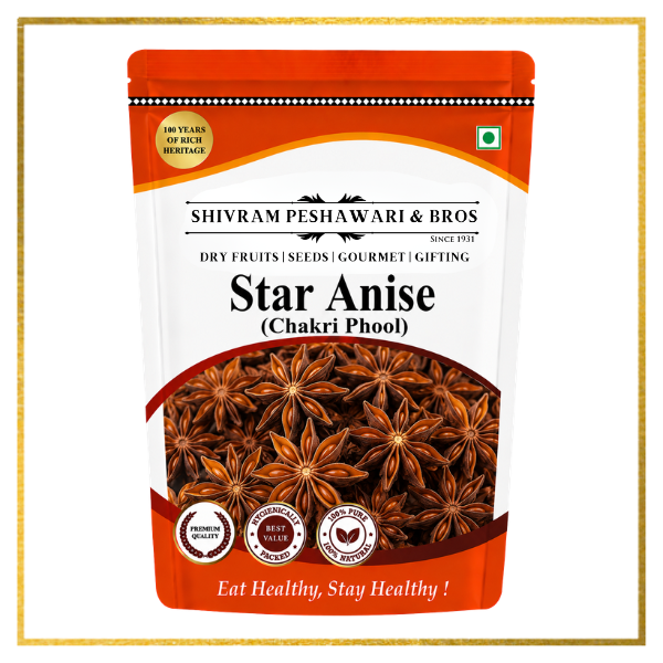 Shivram Peshawari & Bros Star Anise Chakri Phool resealable pouch with whole dried star anise visible on pack