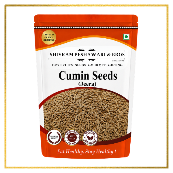 Shivram Peshawari & Bros Cumin Seeds (Jeera) resealable pouch with premium quality and 100% natural badges