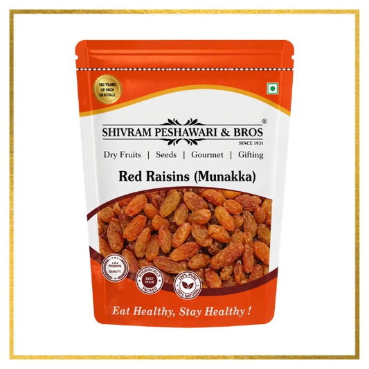 Shivram Peshawari & Bros Red Raisins Munakka in orange resealable pouch with product imagery