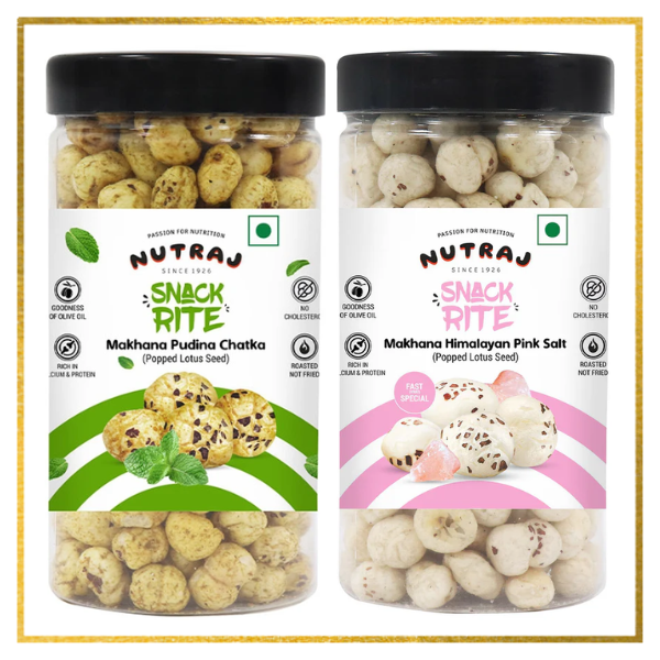 Snackrite Makhana Combo (Pack of 2) - Himalayan Salt (70g) and Pudina Chatka Flavor (70g) | Popped Lotus Seed | Flavoured Fox Nuts