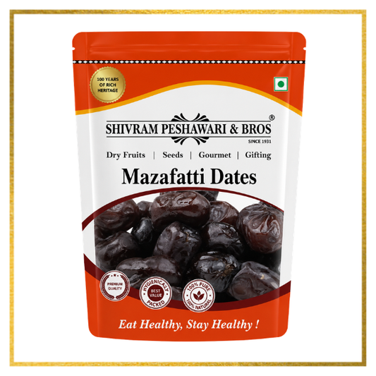 Shivram Peshawari & Bros Mazafatti Dates resealable pouch with dark dates visible through packaging window