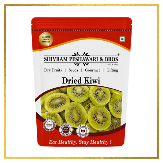 Shivram Peshawari & Bros dried kiwi resealable red and white pouch with kiwi slices shown on front