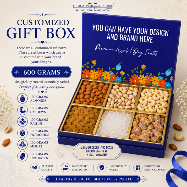 600 Grams - Customized Gift Box (100 Grams each of Almond, Cashews, Raisins, Pistachios, Mishri & Dry Dates)
