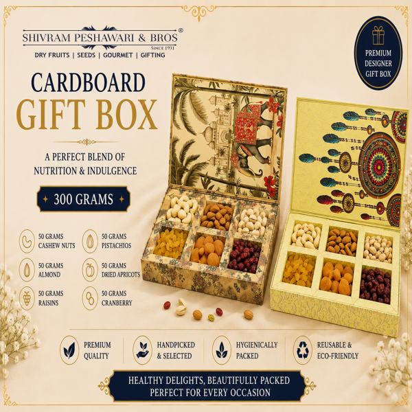 300 Grams Cardboard Box - (50 Grams each of Almonds, Cashews, Raisins, Pistas, Apricots & Cranberry)