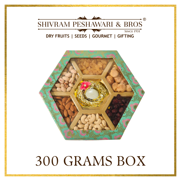300 Grams Cardboard Box with Diya - (50 Grams each of Almonds, Cashews, Raisins, Pistas, Apricots & Cranberry with Diya)
