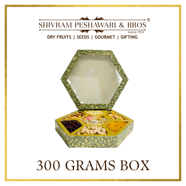 300 Grams Cardboard Box with Diya - (50 Grams each of Almonds, Cashews, Raisins, Pistas, Apricots & Cranberry with Diya)