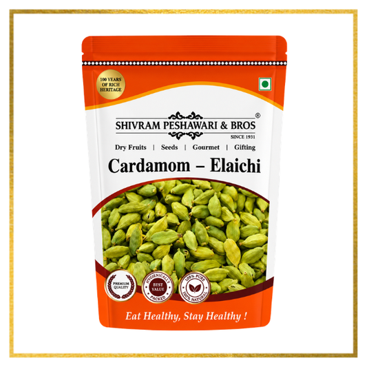 Shivram Peshawari & Bros Cardamom Elaichi resealable pouch filled with whole green cardamom pods