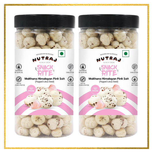 Two Nutraj Snack Rite Makhana Himalayan Pink Salt jars with black lids, filled with roasted fox nuts