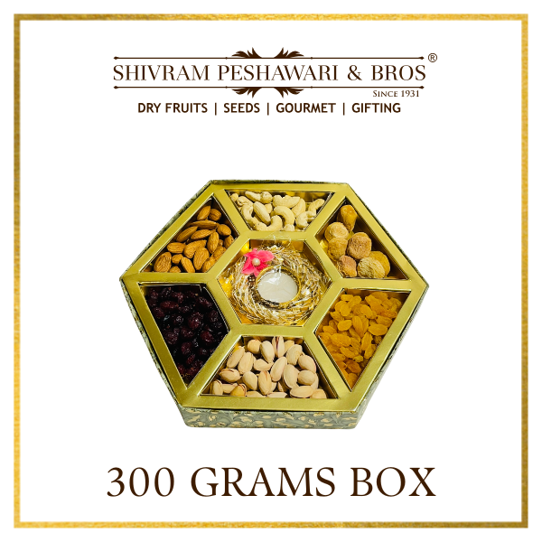 300 Grams Cardboard Box with Diya - (50 Grams each of Almonds, Cashews, Raisins, Pistas, Apricots & Cranberry with Diya)