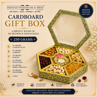 300 Grams Cardboard Box with Diya - (50 Grams each of Almonds, Cashews, Raisins, Pistas, Apricots & Cranberry with Diya)