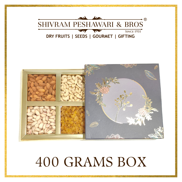 400 Grams Cardboard Box - (100 Grams each of Almonds, Cashews, Raisins & Pistas) - Square Box