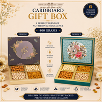 400 Grams Cardboard Box - (100 Grams each of Almonds, Cashews, Raisins & Pistas) - Square Box