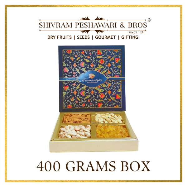 400 Grams Cardboard Box - (100 Grams each of Almonds, Cashews, Raisins & Pistas) Blue Box