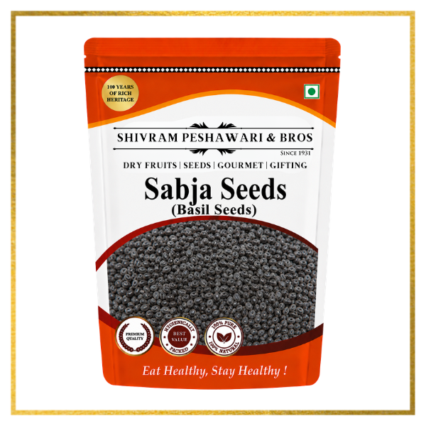Shivram Peshawari & Bros Sabja Seeds (Basil Seeds) resealable pouch with premium quality and 100% natural badges