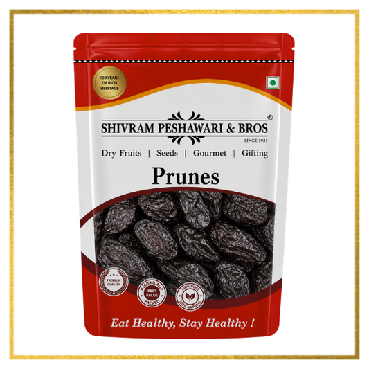 Shivram Peshawari & Bros prunes pouch showing dark dried plums with premium quality seals on white-red packaging