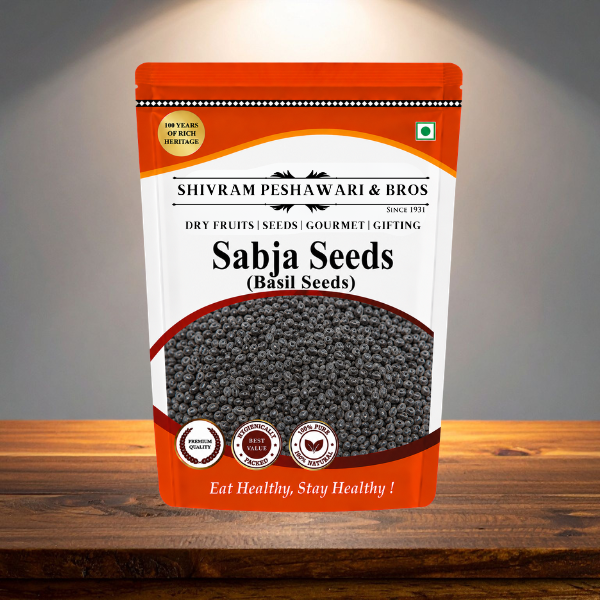 Shivram Peshawari & Bros Sabja Seeds stand-up pouch displayed on a wooden surface under soft spotlight