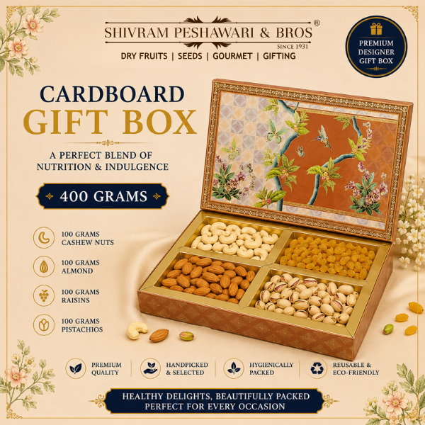 400 Grams Cardboard Box - (100 Grams each of Almonds, Cashews, Raisins & Pistas) Rectangle Box