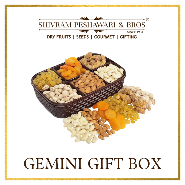 Gemini Dry Fruits Gift Box - 600 Grams (100 Grams each of Almonds,Cashew,Raisins,Pistas, Apricots & Dates)
