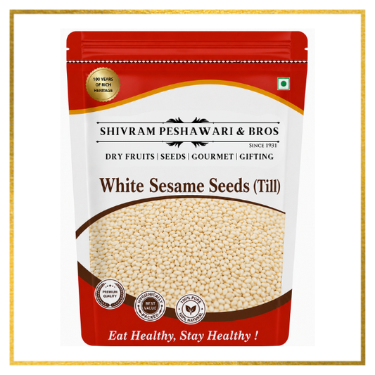 Shivram Peshawari & Bros white sesame seeds (till) resealable pouch with premium quality and 100% pure badges
