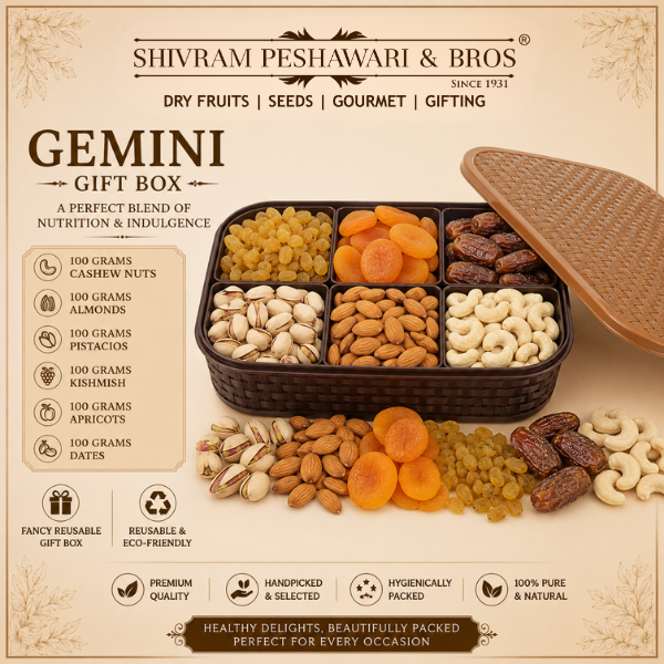 Gemini Dry Fruits Gift Box - 600 Grams (100 Grams each of Almonds,Cashew,Raisins,Pistas, Apricots & Dates)