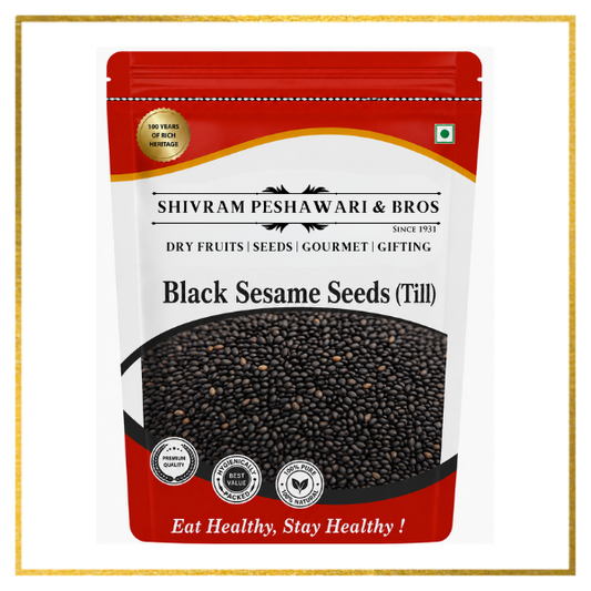 Shivram Peshawari & Bros Black Sesame Seeds (Till) resealable pouch with gold border on white background