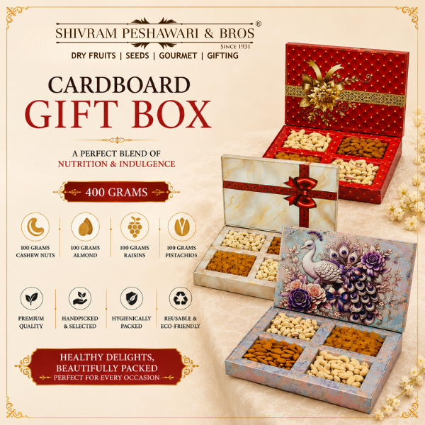 400 Grams Cardboard Box - (100 Grams each of Almonds, Cashews, Raisins & Pistas) Gift Style Box