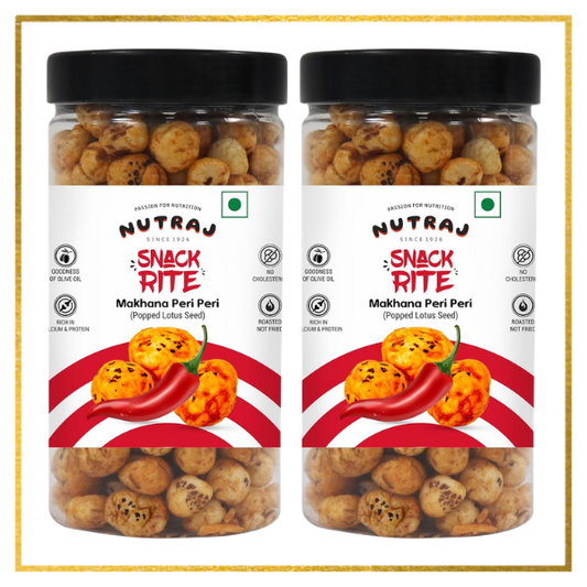 Two Nutraj Snackrite Makhana Peri Peri flavoured fox nuts jars filled with roasted lotus seeds