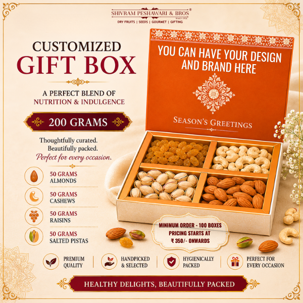 200 Grams - Customized Gift Box (50 Grams each of Almonds, Cashews, Raisins & Pistas) - Square Box