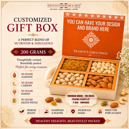 200g customized dry fruit gift box with almonds, cashews, raisins & pistachios in square box, branded orange lid
